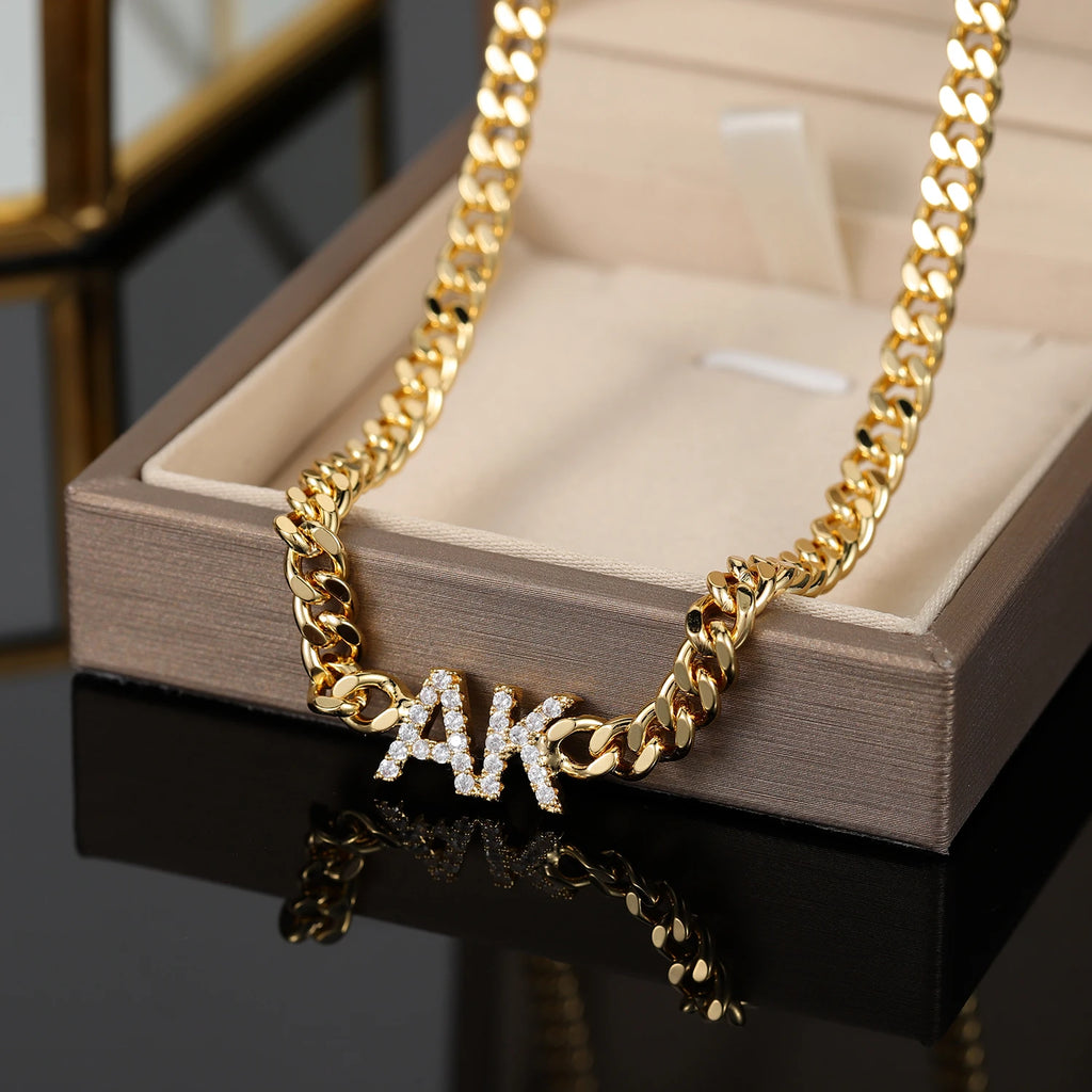 Custom Zirconia Name Necklace With Cuban Chain Personalized Letter Necklaces For Women Stainless Steel Nameplate Jewelry Gift