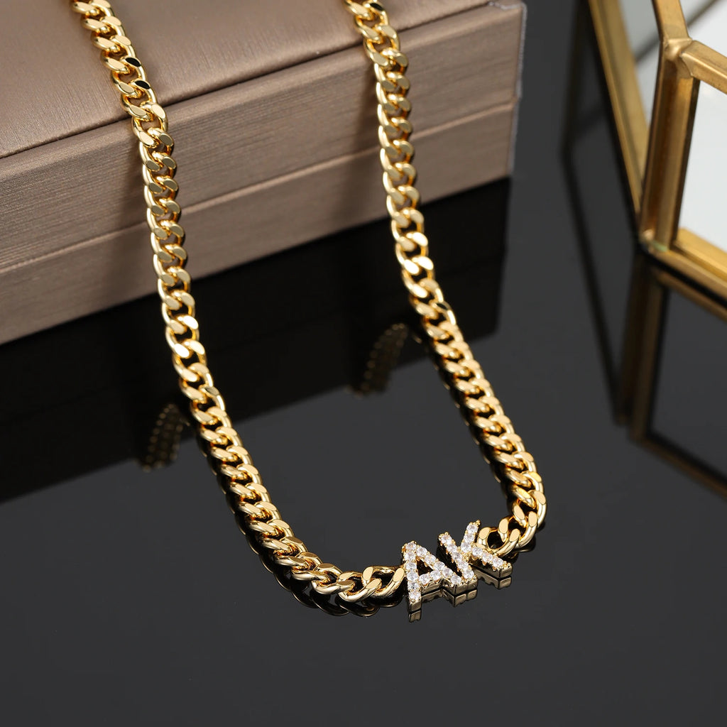 Custom Zirconia Name Necklace With Cuban Chain Personalized Letter Necklaces For Women Stainless Steel Nameplate Jewelry Gift