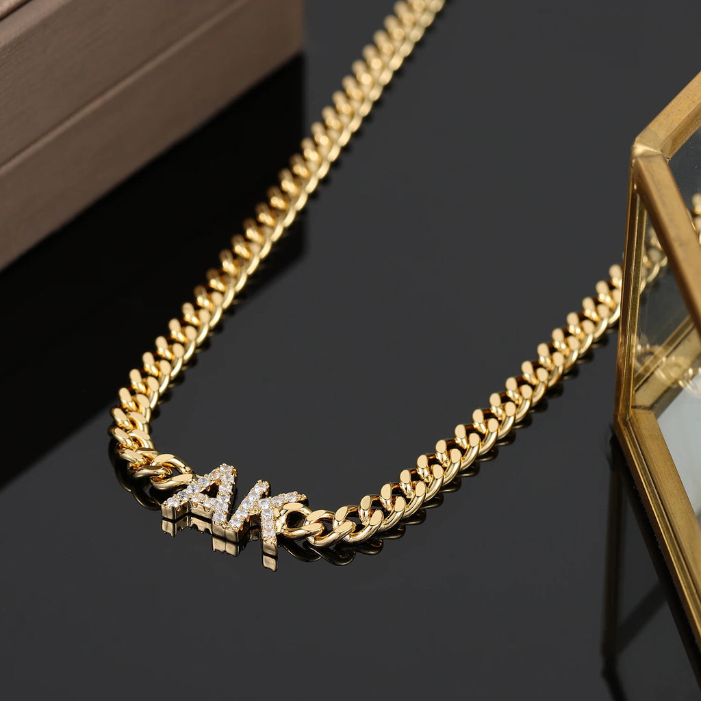 Custom Zirconia Name Necklace With Cuban Chain Personalized Letter Necklaces For Women Stainless Steel Nameplate Jewelry Gift