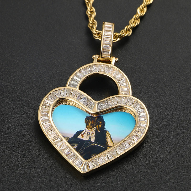 Heart Custom Picture Memory Medallions Solid Pendant Necklace Baguette Crystal Women Men Hip Hop Jewelry Valentine's Day Gift