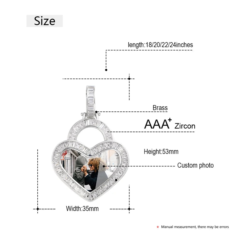 Heart Custom Picture Memory Medallions Solid Pendant Necklace Baguette Crystal Women Men Hip Hop Jewelry Valentine's Day Gift