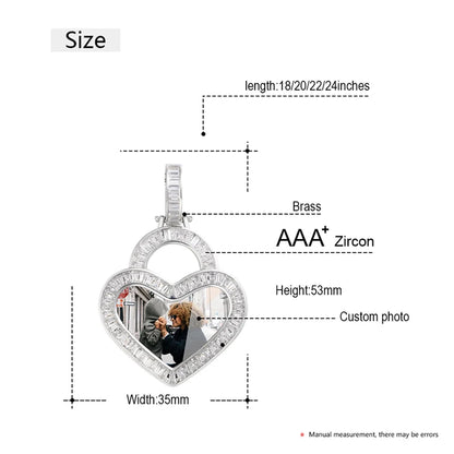 Heart Custom Picture Memory Medallions Solid Pendant Necklace Baguette Crystal Women Men Hip Hop Jewelry Valentine's Day Gift