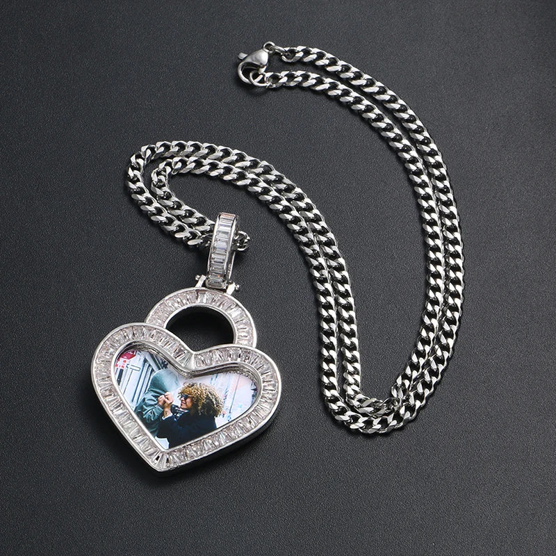 Heart Custom Picture Memory Medallions Solid Pendant Necklace Baguette Crystal Women Men Hip Hop Jewelry Valentine's Day Gift