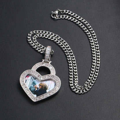 Heart Custom Picture Memory Medallions Solid Pendant Necklace Baguette Crystal Women Men Hip Hop Jewelry Valentine's Day Gift
