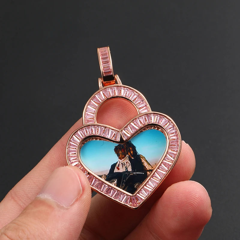 Heart Custom Picture Memory Medallions Solid Pendant Necklace Baguette Crystal Women Men Hip Hop Jewelry Valentine's Day Gift