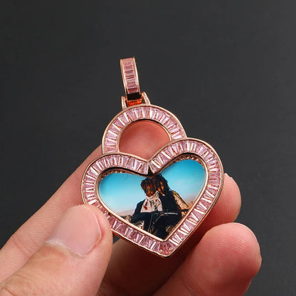 Heart Custom Picture Memory Medallions Solid Pendant Necklace Baguette Crystal Women Men Hip Hop Jewelry Valentine's Day Gift