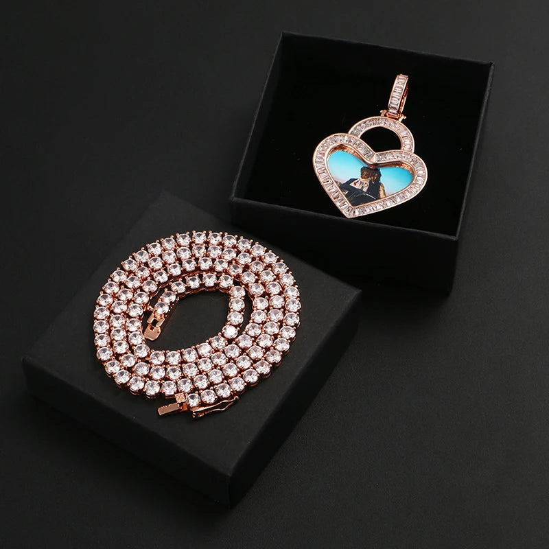 Heart Custom Picture Memory Medallions Solid Pendant Necklace Baguette Crystal Women Men Hip Hop Jewelry Valentine's Day Gift