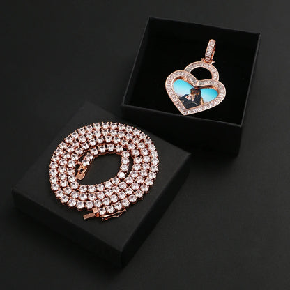Heart Custom Picture Memory Medallions Solid Pendant Necklace Baguette Crystal Women Men Hip Hop Jewelry Valentine's Day Gift