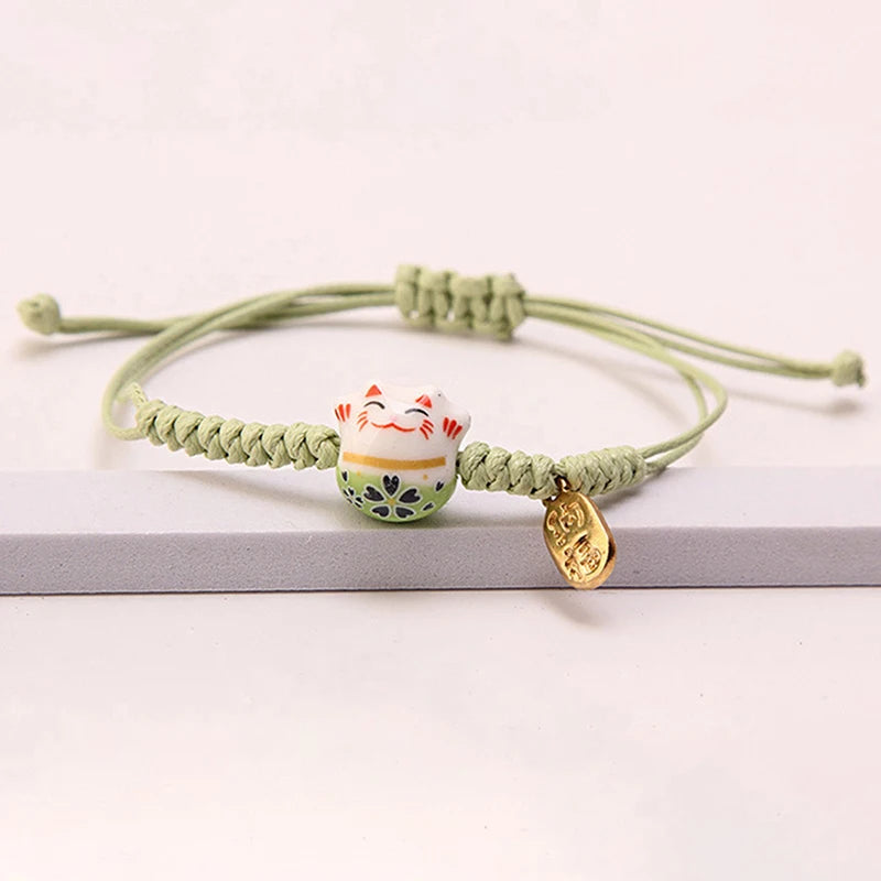 Simple Cute Ceramic Lucky Cat Bracelet Hand-woven Red Colors Rope Bangle Women Girls Jewelry Gift
