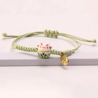 Simple Cute Ceramic Lucky Cat Bracelet Hand-woven Red Colors Rope Bangle Women Girls Jewelry Gift