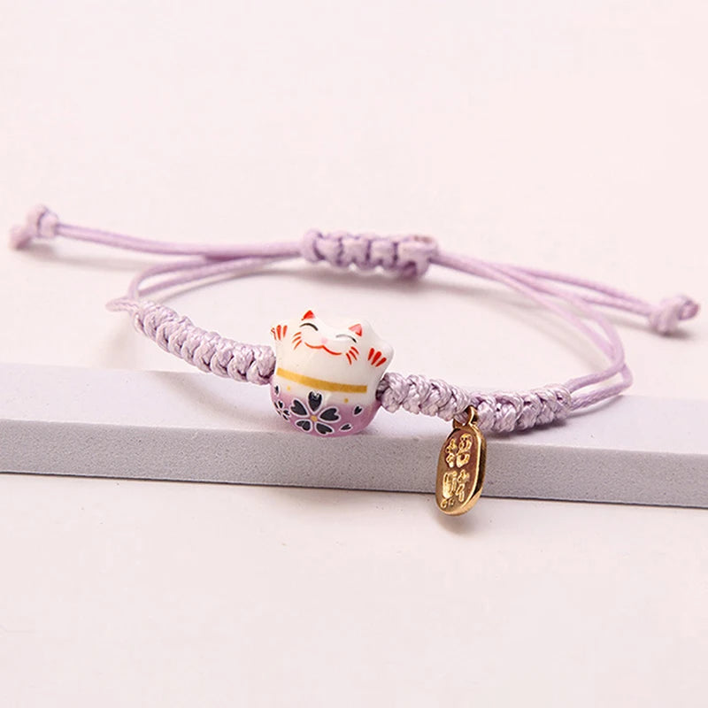 Simple Cute Ceramic Lucky Cat Bracelet Hand-woven Red Colors Rope Bangle Women Girls Jewelry Gift