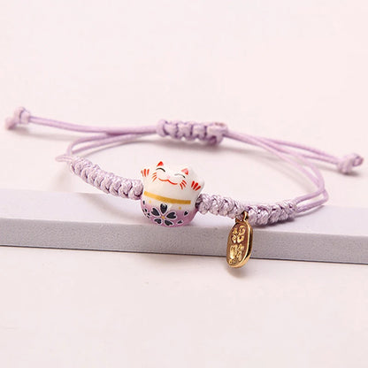 Simple Cute Ceramic Lucky Cat Bracelet Hand-woven Red Colors Rope Bangle Women Girls Jewelry Gift