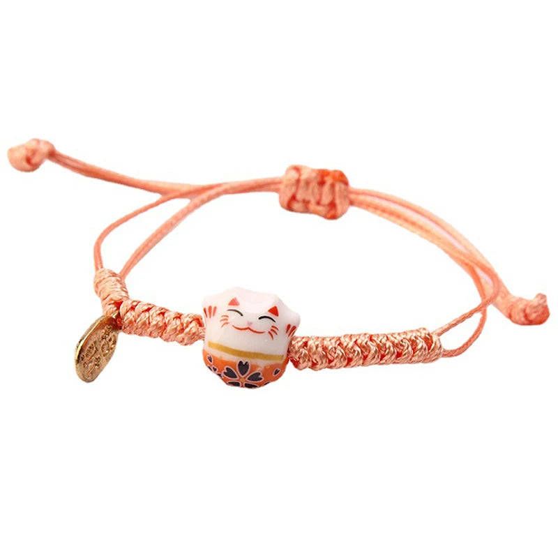 Simple Cute Ceramic Lucky Cat Bracelet Hand-woven Red Colors Rope Bangle Women Girls Jewelry Gift