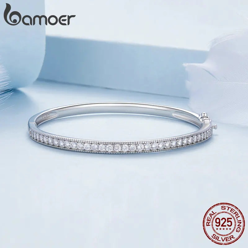 BAMOER 925 Sterling Silver CZ Bangle Bracelet Plated in Platinum Fine Jewelry Gift for Mom Women Wife Girls BSB130