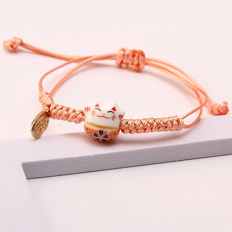 Simple Cute Ceramic Lucky Cat Bracelet Hand-woven Red Colors Rope Bangle Women Girls Jewelry Gift
