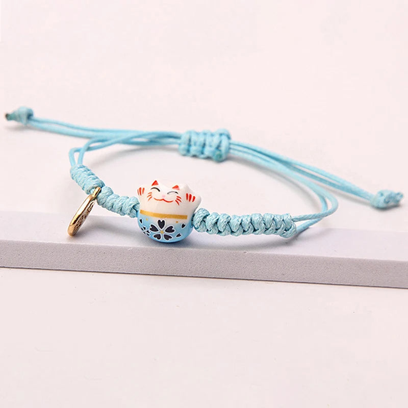 Simple Cute Ceramic Lucky Cat Bracelet Hand-woven Red Colors Rope Bangle Women Girls Jewelry Gift