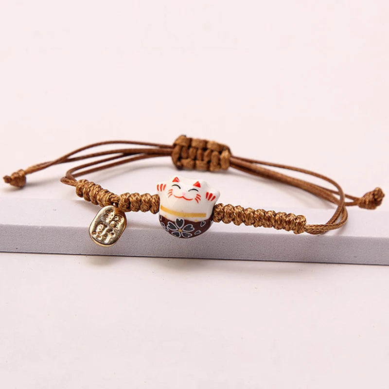 Simple Cute Ceramic Lucky Cat Bracelet Hand-woven Red Colors Rope Bangle Women Girls Jewelry Gift
