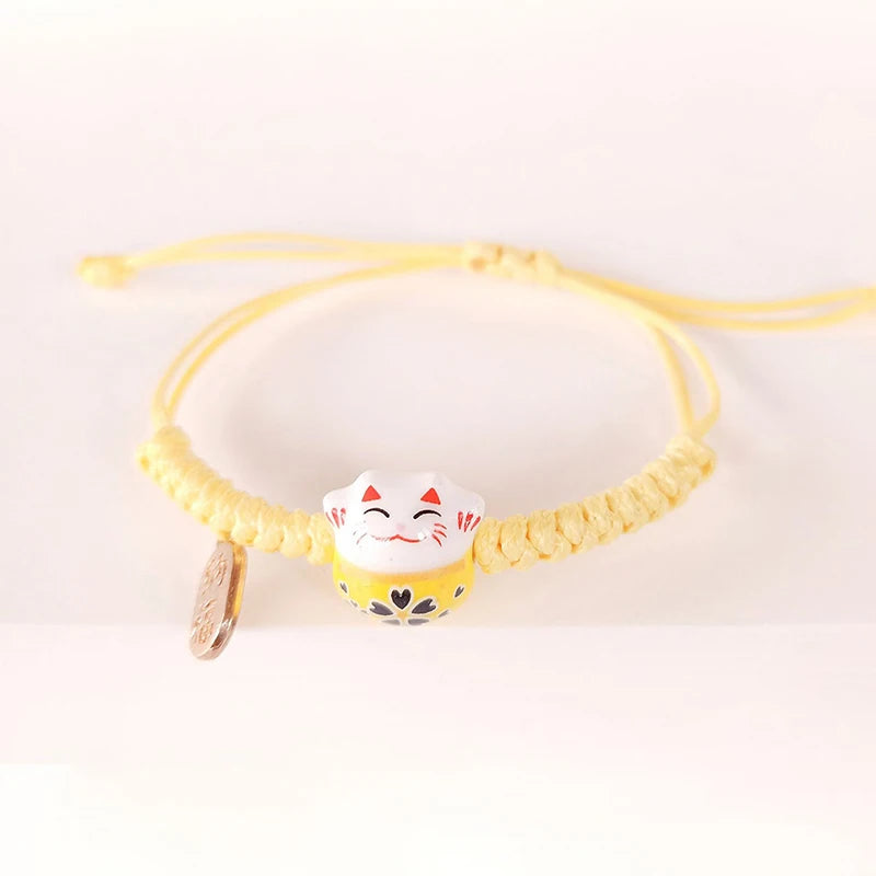 Simple Cute Ceramic Lucky Cat Bracelet Hand-woven Red Colors Rope Bangle Women Girls Jewelry Gift