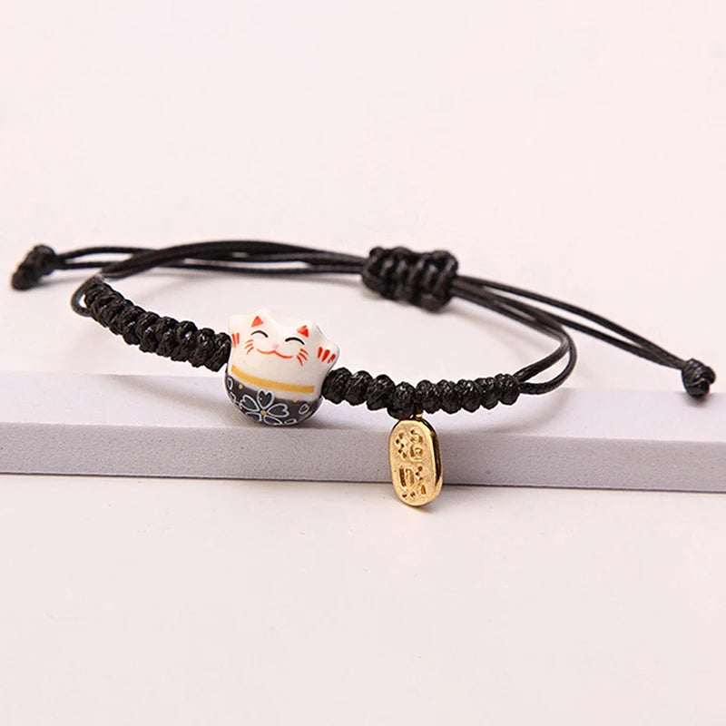 Simple Cute Ceramic Lucky Cat Bracelet Hand-woven Red Colors Rope Bangle Women Girls Jewelry Gift