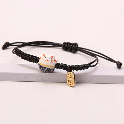 Simple Cute Ceramic Lucky Cat Bracelet Hand-woven Red Colors Rope Bangle Women Girls Jewelry Gift