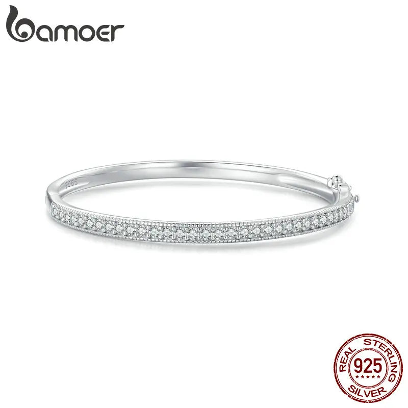 BAMOER 925 Sterling Silver CZ Bangle Bracelet Plated in Platinum Fine Jewelry Gift for Mom Women Wife Girls BSB130
