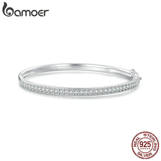 BAMOER 925 Sterling Silver CZ Bangle Bracelet Plated in Platinum Fine Jewelry Gift for Mom Women Wife Girls BSB130