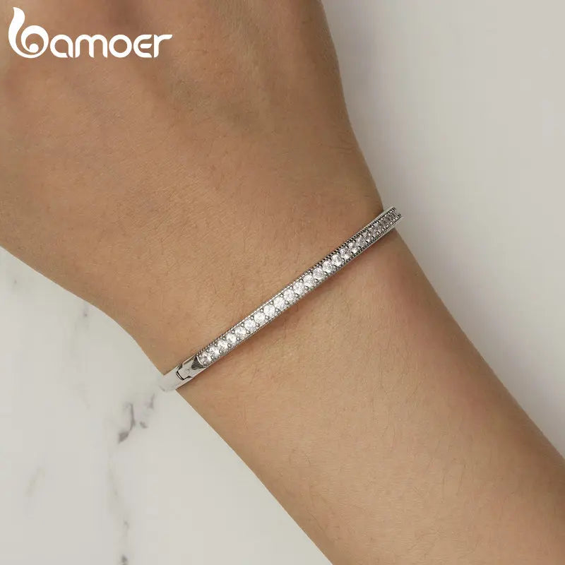 BAMOER 925 Sterling Silver CZ Bangle Bracelet Plated in Platinum Fine Jewelry Gift for Mom Women Wife Girls BSB130