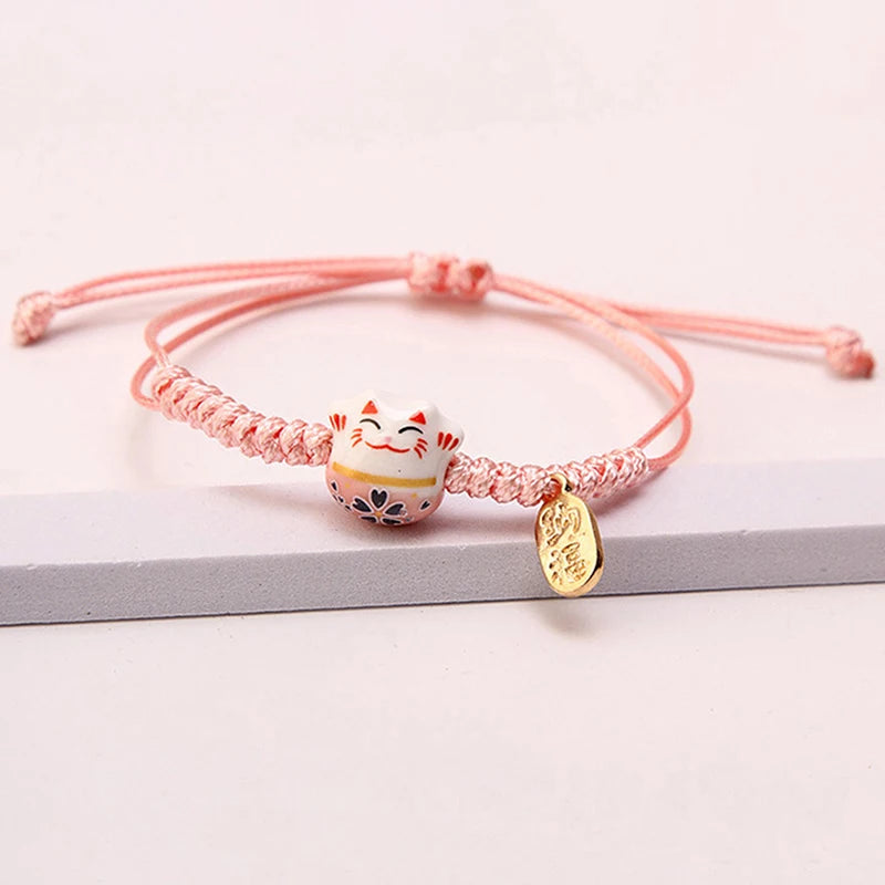 Simple Cute Ceramic Lucky Cat Bracelet Hand-woven Red Colors Rope Bangle Women Girls Jewelry Gift