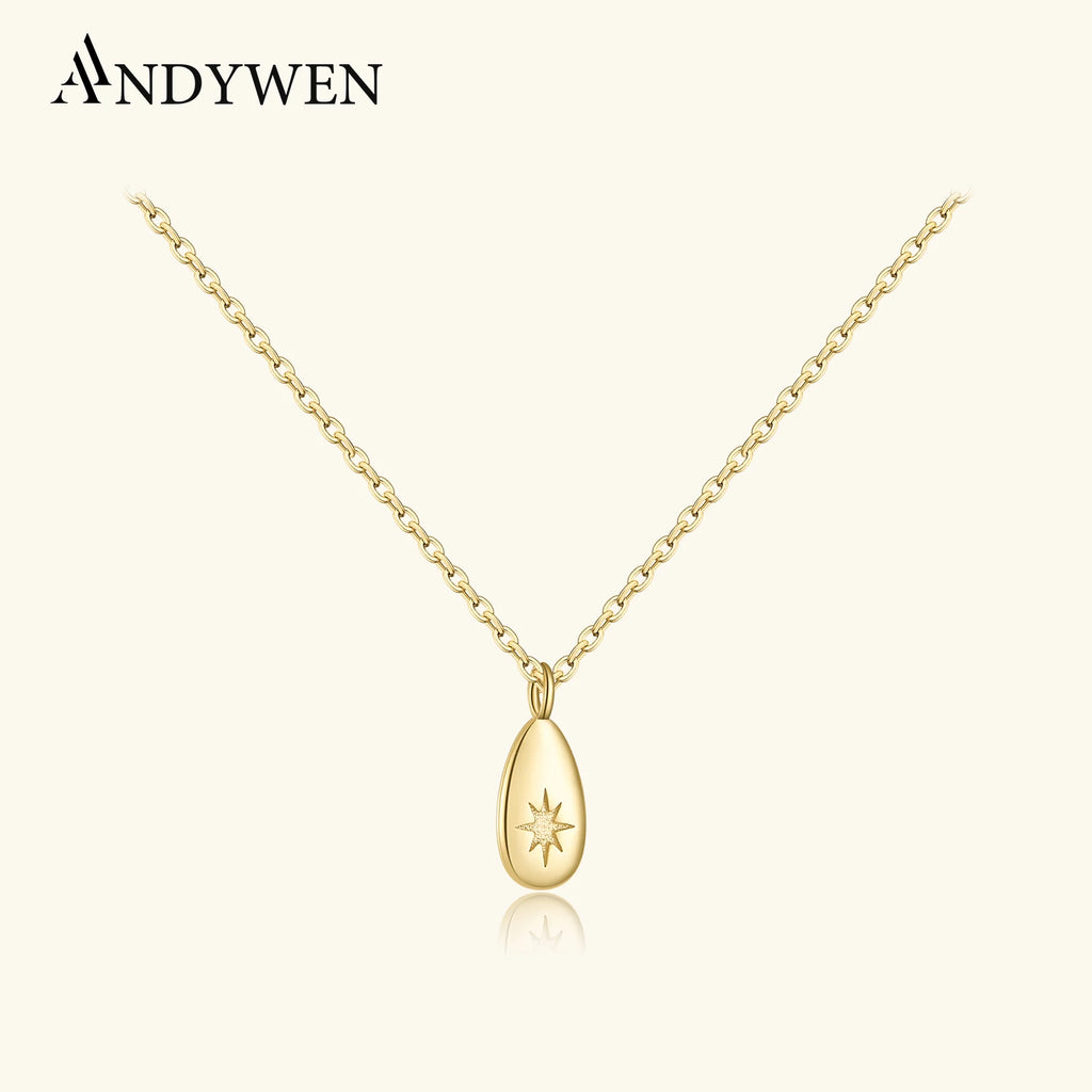 ANDYWEN New 925 Sterling Silver Gold Ovals Star CZ Pendant Tiny Charm Long Chain Necklace 2021 Women Wedding Jewelry Gift