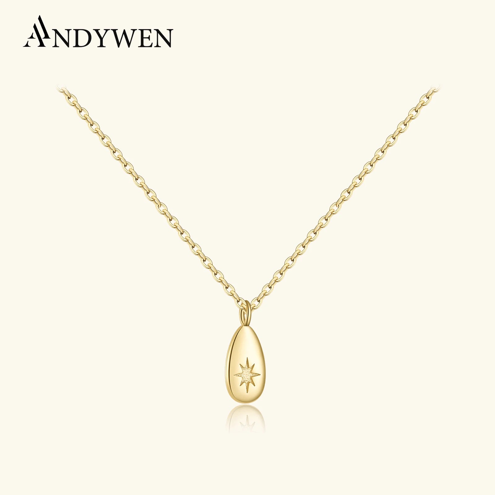 ANDYWEN New 925 Sterling Silver Gold Ovals Star CZ Pendant Tiny Charm Long Chain Necklace 2021 Women Wedding Jewelry Gift