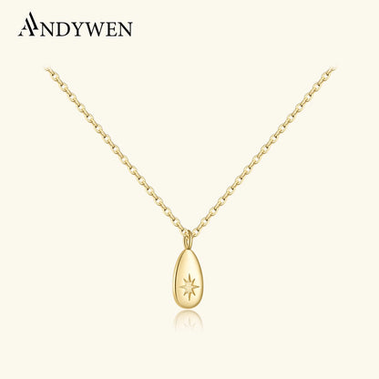 ANDYWEN New 925 Sterling Silver Gold Ovals Star CZ Pendant Tiny Charm Long Chain Necklace 2021 Women Wedding Jewelry Gift