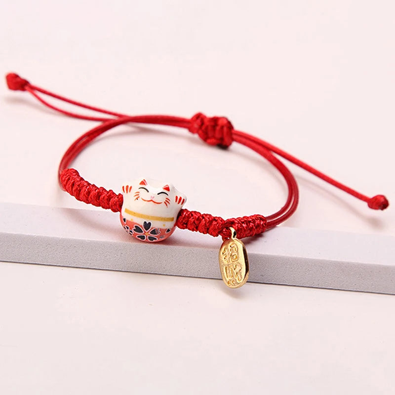 Simple Cute Ceramic Lucky Cat Bracelet Hand-woven Red Colors Rope Bangle Women Girls Jewelry Gift
